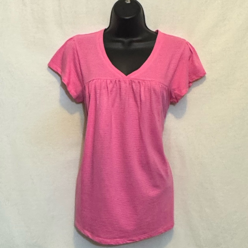 A-88 Hue Pink Stripe Short Sleeve Pullover Blouse Size S